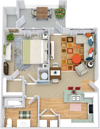 Kensington. 1 bedroom apartment. Kitchen with bartop open to living room. 1 full bathroom. Walk-in closet. Patio/balcony.