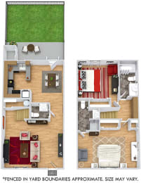 Brentwood with Fenced-in Yard. 2 bedroom townhome. Kitchen ,living, and dinning rooms. 2 full bathroom + powder room, shower stall in master. Patio/balcony open to yard.