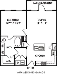 The Encanto with Assigned Garage. 1 bedroom apartment. Kitchen with island open to living room. 1 full bathroom, double vanity. Walk-in closet. Patio/balcony.