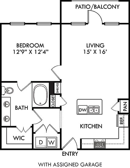 The Encanto with Assigned Garage. 1 bedroom apartment. Kitchen with island open to living room. 1 full bathroom, double vanity. Walk-in closet. Patio/balcony.