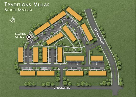 A map of Traditions Villas in Belton, Missouri, showing the layout of the buildings and roads.