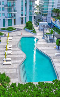 A large pool surrounded by lounge chairs and greenery.