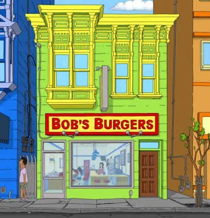 A cartoon image of a restaurant named Bob's Burgers.