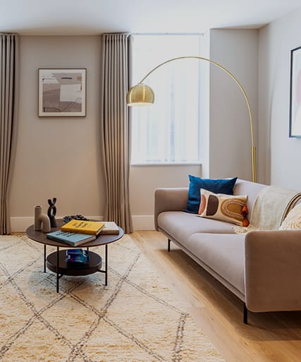 a living room with a couch with pillows and a plant