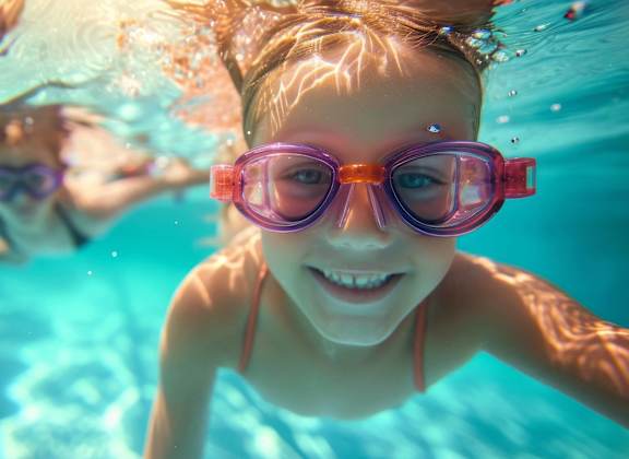 a young girl swimming in a pool wearing goggles at Shenandoah Properties in Lafayette, IN 47905