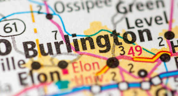 A map with Burlington and Elon written on it.