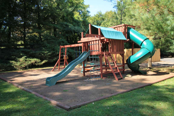 a playground with two slides in a park