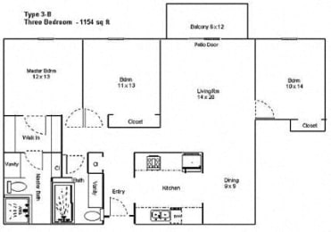  Floor Plan Three Bedroom Two Bath - 1154 Sq.Ft.