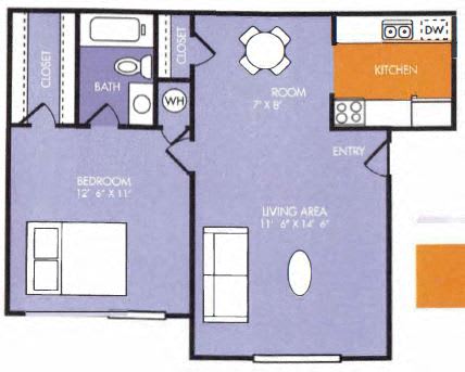 A floor plan of a house with a bedroom, bathroom, living area, and kitchen.