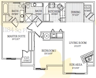 Floor Plan Two Bedroom Two Bath (1,184 - 1,194 Square Feet)