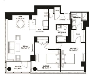 2 Bad 2 Bath Floor Plan with 1,226 Sq. Ft. at The Elle Apartments, Illinois