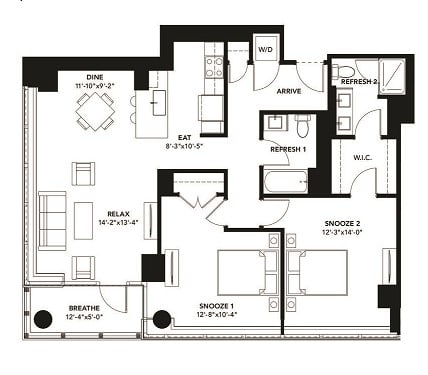 2 Bad 2 Bath Floor Plan with 1,226 Sq. Ft. at The Elle Apartments, Illinois