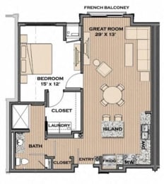1 Bed, 1 Bath, 784 sq. ft. The Commons