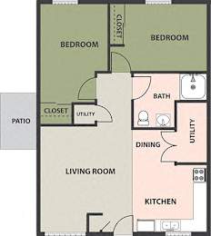  Floor Plan 2-Bed, 1-Bath, Garden