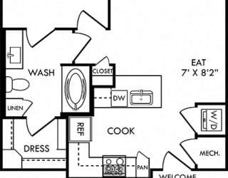 Aten 1 bedroom floor plan apartment. Kitchen with peninsula island. dining-living space. bathroom with walk-in closet. in-unit washer/dryer. Balcony.