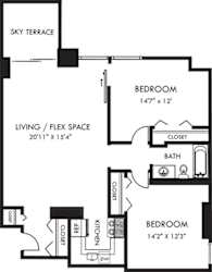 Riverside 2 Bedroom floor plan apartment with entry closet, kitchen, dining-living area, closets in each bedroom and 1 shared bathroom with linen closet. Balcony