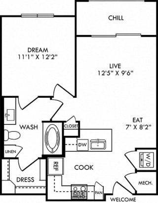 Aten 1 bedroom floor plan apartment. Kitchen with peninsula island. dining-living space. bathroom with walk-in closet. in-unit washer/dryer. Balcony.