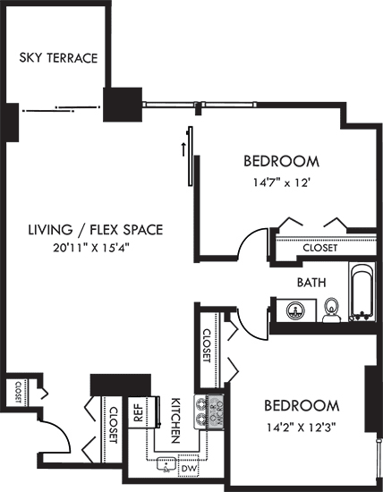 Riverside 2 Bedroom floor plan apartment with entry closet, kitchen, dining-living area, closets in each bedroom and 1 shared bathroom with linen closet. Balcony