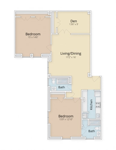 Floor Plan  Beautifully renovated 2 bedroom with a den overlooking the National Zoo perfect for 2 or 3 bedrooms at Cathedral Mansions, Washington, 20008