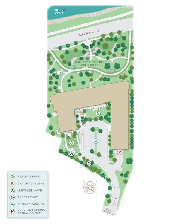 A map of Collins Cove shows a residential area with a Victory Gardens, multi-use lawn, bocce court, surface parking, and covered parking entrance/exit.