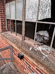 A window in a building with a brick wall and a metal frame.