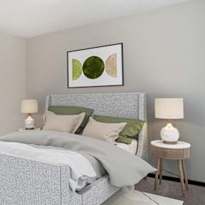 A bedroom with a large bed and two lamps.