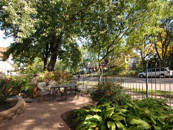 A backyard with a table and chairs surrounded by trees.