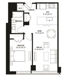 1 Bad 1 Bath Floor Plan with 711 Sq. Ft. at The Elle Apartments, Chicago, 60605