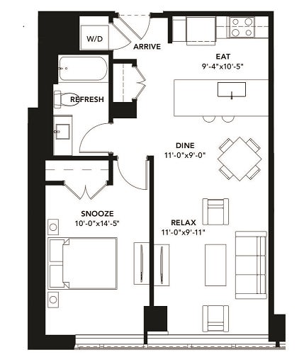 1 Bad 1 Bath Floor Plan with 711 Sq. Ft. at The Elle Apartments, Chicago, 60605
