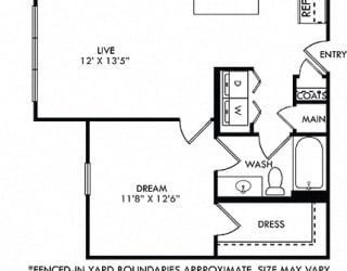 Vera with Fenced-in Yard. 1 bedroom apartment. Kitchen with island open to living room. 1 full bathroom. Walk-in closet. Patio/balcony open to yard.