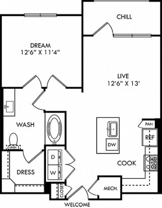 Hall Hall 1 bedroom floor plan apartment. Entry closet, in-unit washer/dryer. Lshaped kitchen with island. living area. 1 bath with walk-in closet. balcony.