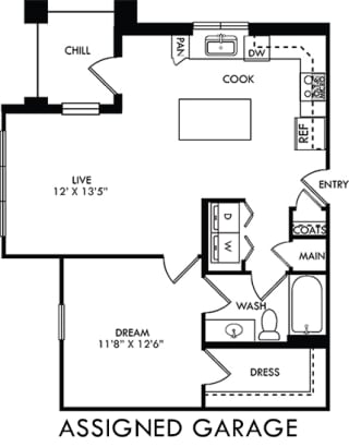 The Vera with Assigned garage. 1 bedroom apartment. Kitchen with island open to living room. 1 full bathroom. Walk-in closet. Patio/balcony.
