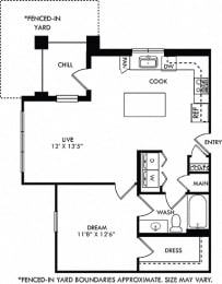 Vera with Fenced-in Yard. 1 bedroom apartment. Kitchen with island open to living room. 1 full bathroom. Walk-in closet. Patio/balcony open to yard.
