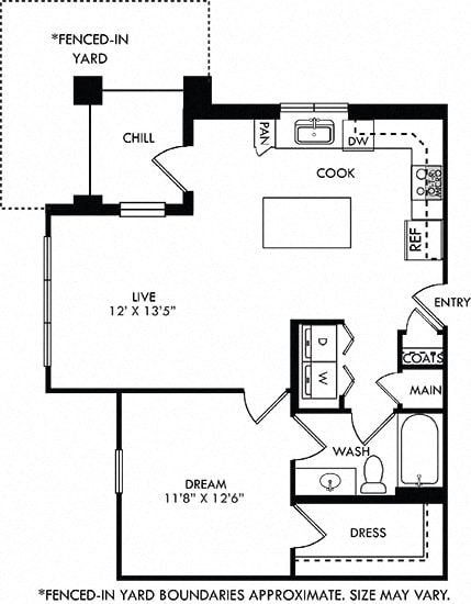 Vera with Fenced-in Yard. 1 bedroom apartment. Kitchen with island open to living room. 1 full bathroom. Walk-in closet. Patio/balcony open to yard.