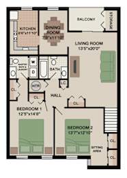 Keystone floor plan at New Kent Apartments in West Chester, PA, featuring two bedrooms, two bathrooms, and a private balcony for a relaxing and spacious living experience
