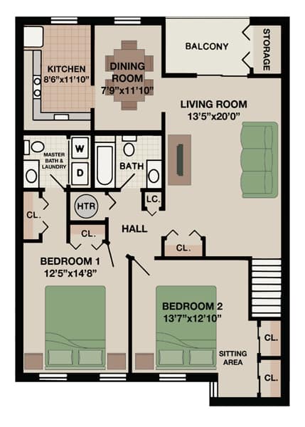 Keystone floor plan at New Kent Apartments in West Chester, PA, featuring two bedrooms, two bathrooms, and a private balcony for a relaxing and spacious living experience