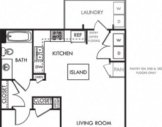 Fargo. 1 bedroom apartment. Kitchen with island open to living room. 1 full bathroom. Two closets.