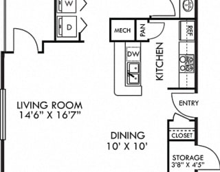 Grenada. 1 bedroom apartment. Kitchen with bartop open to living/dinning rooms. 1 full bathroom. Walk-in closet. Patio/balcony with storage.