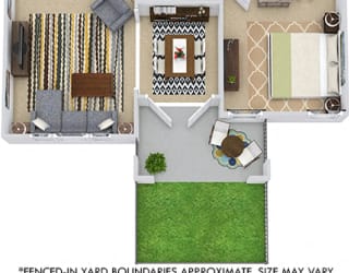The Budapest with Fenced-in Yard 3D. 1 bedroom apartment. Kitchen with island open to living/dining rooms. 1 full bathroom. Walk-in closet. Patio/balcony open to yard.