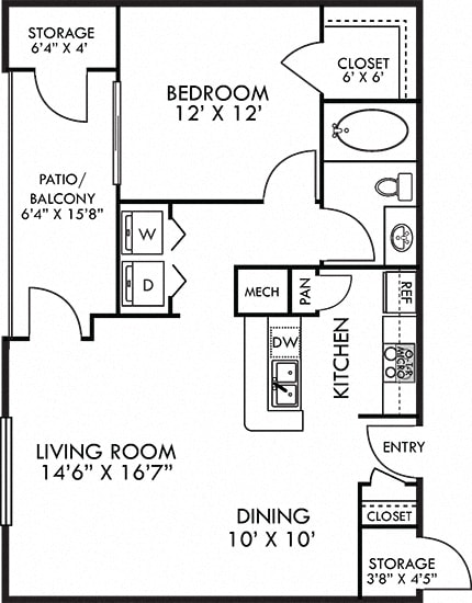 Grenada. 1 bedroom apartment. Kitchen with bartop open to living/dinning rooms. 1 full bathroom. Walk-in closet. Patio/balcony with storage.