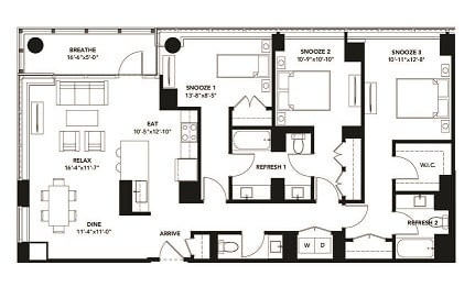 3 Bad 3 Bath Floor Plan with 1,476 Sq. Ft. at The Elle Apartments, Chicago, Illinois
