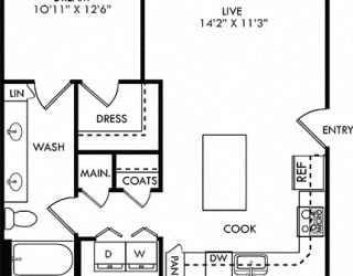 The Snow. 1 bedroom apartment. Kitchen with island open to living room. 1 full bathroom, double vanity. Walk-in closet. Patio/balcony.
