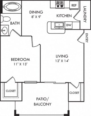 Abbington. 1 bedroom apartment. Kitchen with bartop open to living/dinning rooms. 1 full bathroom. Walk-in closet. Patio/balcony. Extra storage closet.