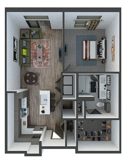 Lexington 1 bedroom, 1 bath. L-shaped kitchen with island and pantry. washer/dryer. Double sink bath vanity. linen closet. Patio/balcony