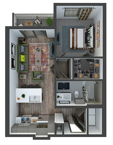 Victory - 1 Bedroom, 1 Bath. Galley Kitchen with Peninsula Bartop. Pantry, Washer/Dryer. Patio/Balcony