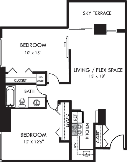 Semmes 2 bedroom apartment floorplan with kitchen, entry way closet, dining-living area, large closets in bedrooms, 1 shared bathroom and balcony