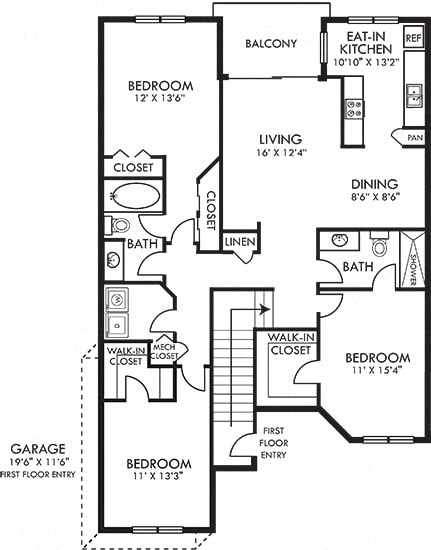 Royal Crest + Attached Garage. 3 bedroom apartment. 1st floor entry. Kitchen with eating space. 2 full bathrooms, shower stall in master. Walk-in closets. Patio.