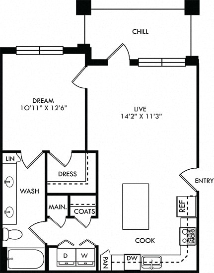 The Snow. 1 bedroom apartment. Kitchen with island open to living room. 1 full bathroom, double vanity. Walk-in closet. Patio/balcony.