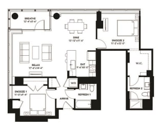 2 Bad 2 Bath Floor Plan with 1,151 Sq. Ft. at The Elle Apartments, Chicago, Illinois