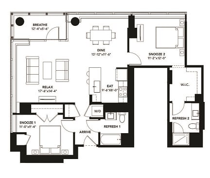 2 Bad 2 Bath Floor Plan with 1,151 Sq. Ft. at The Elle Apartments, Chicago, Illinois